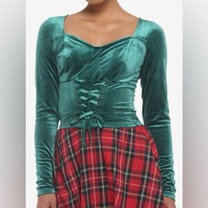 Thorne & Fable Velvet Green Corset Lace-Up Crop Long-Sleeve